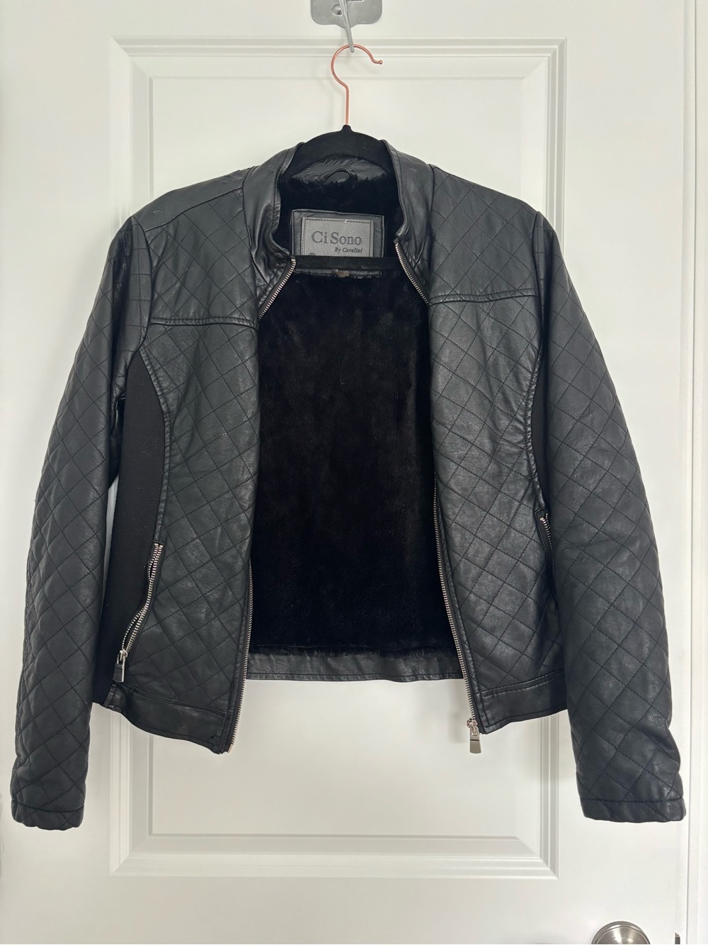 Ci Sono Black Quilted Faux Leather Jacket with Fur Lining